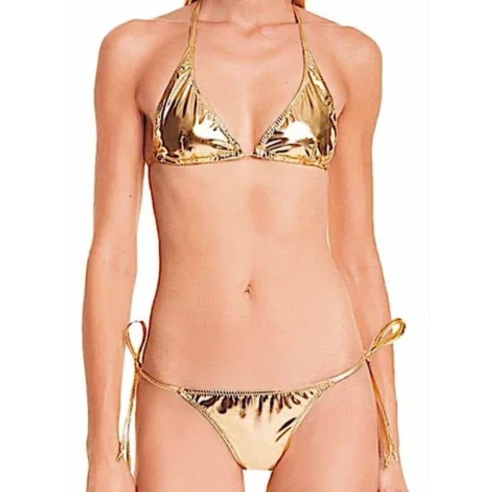 Lisa Marie Fernandez Metallic Gold Triangle Halter String Bikini  NWT